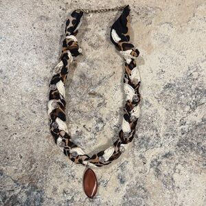 Elegant Braided Cheetah & Lace Necklace with Pendant & crystal beads